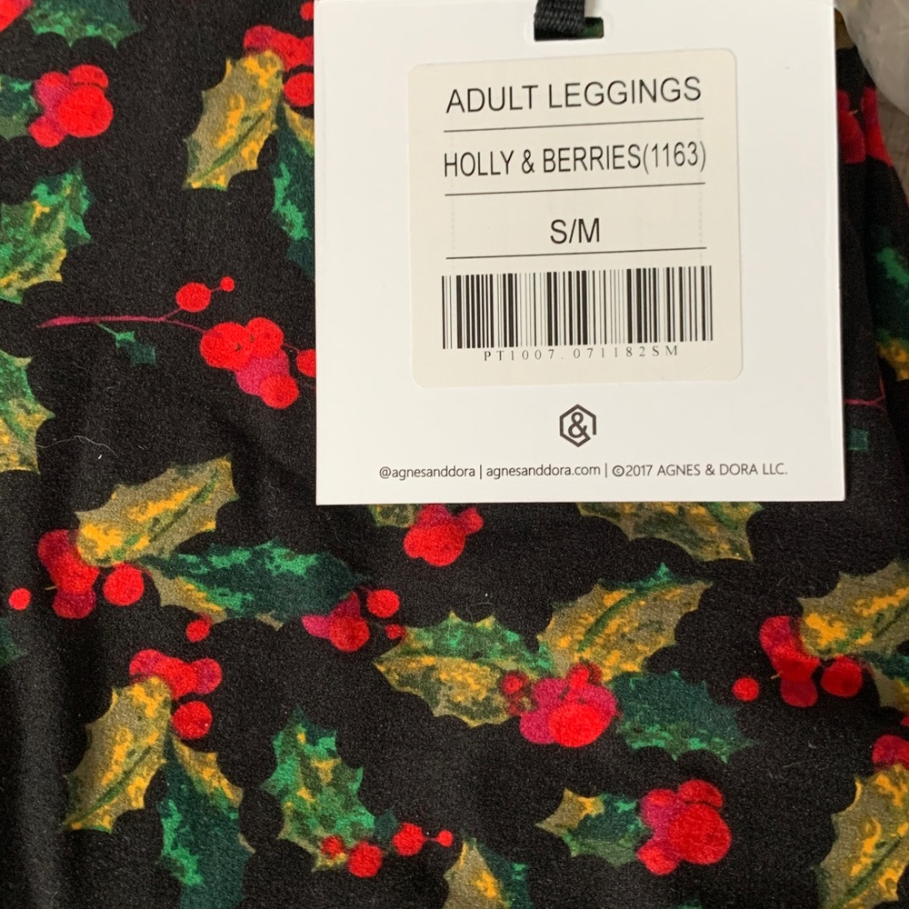 Agnes & Dora Black Leggings with Red and Green Holly Print